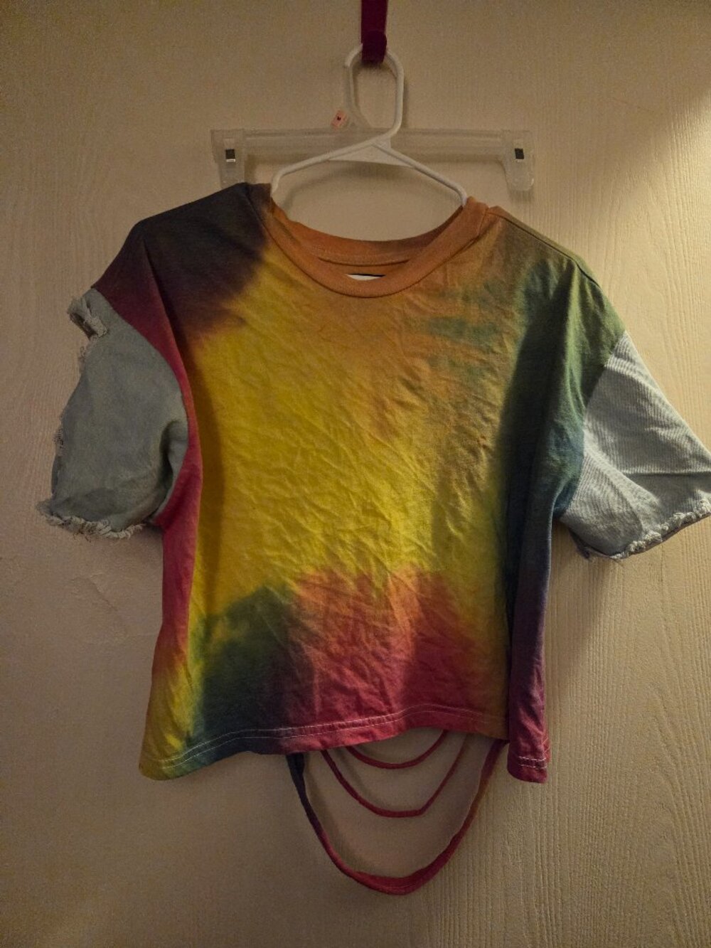 Tie dye shirt with denim distressed sleeves
